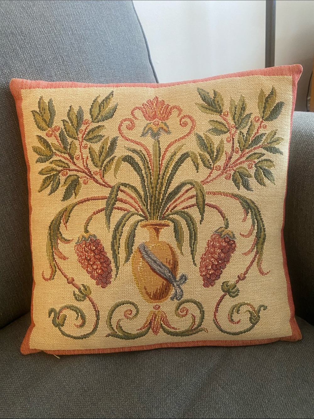 Tapestry Botanical Accent Pillow in Beige and Coral